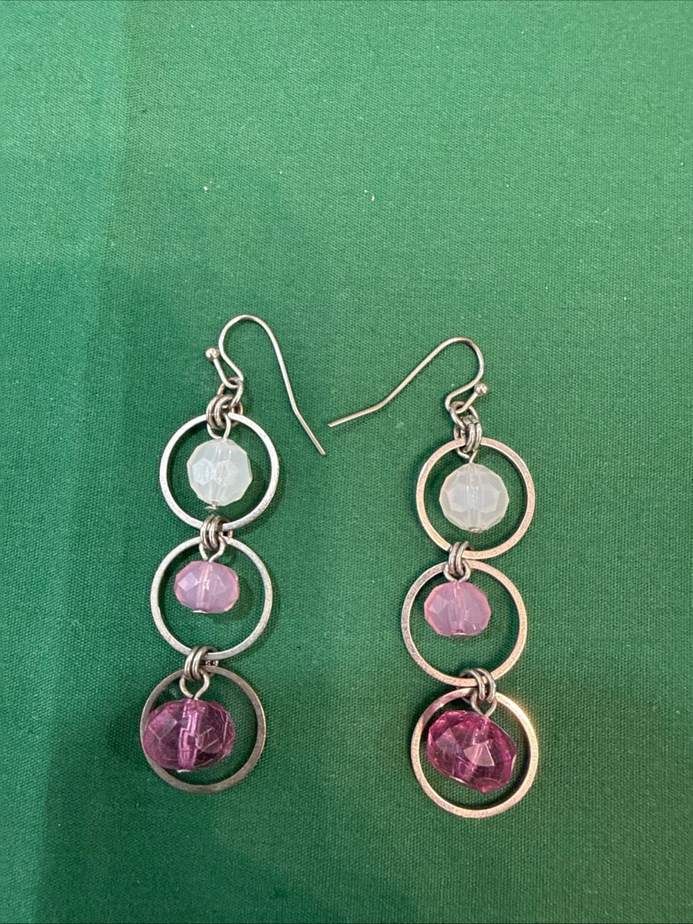 Silver-Tone Triple Circle Drop Earrings with White and Pink Beads